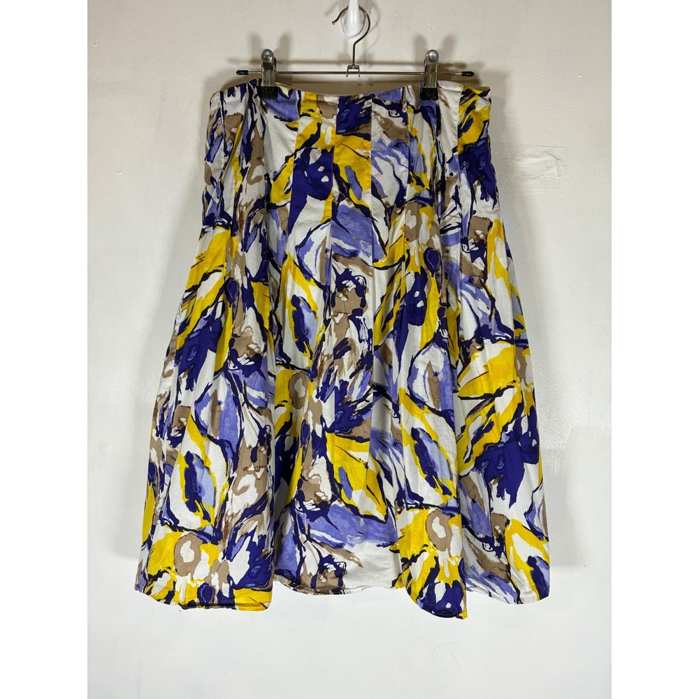 Size 8 Abstract Floral Midi Skirt Blue Yellow Pleated A Line Lined Side Zip